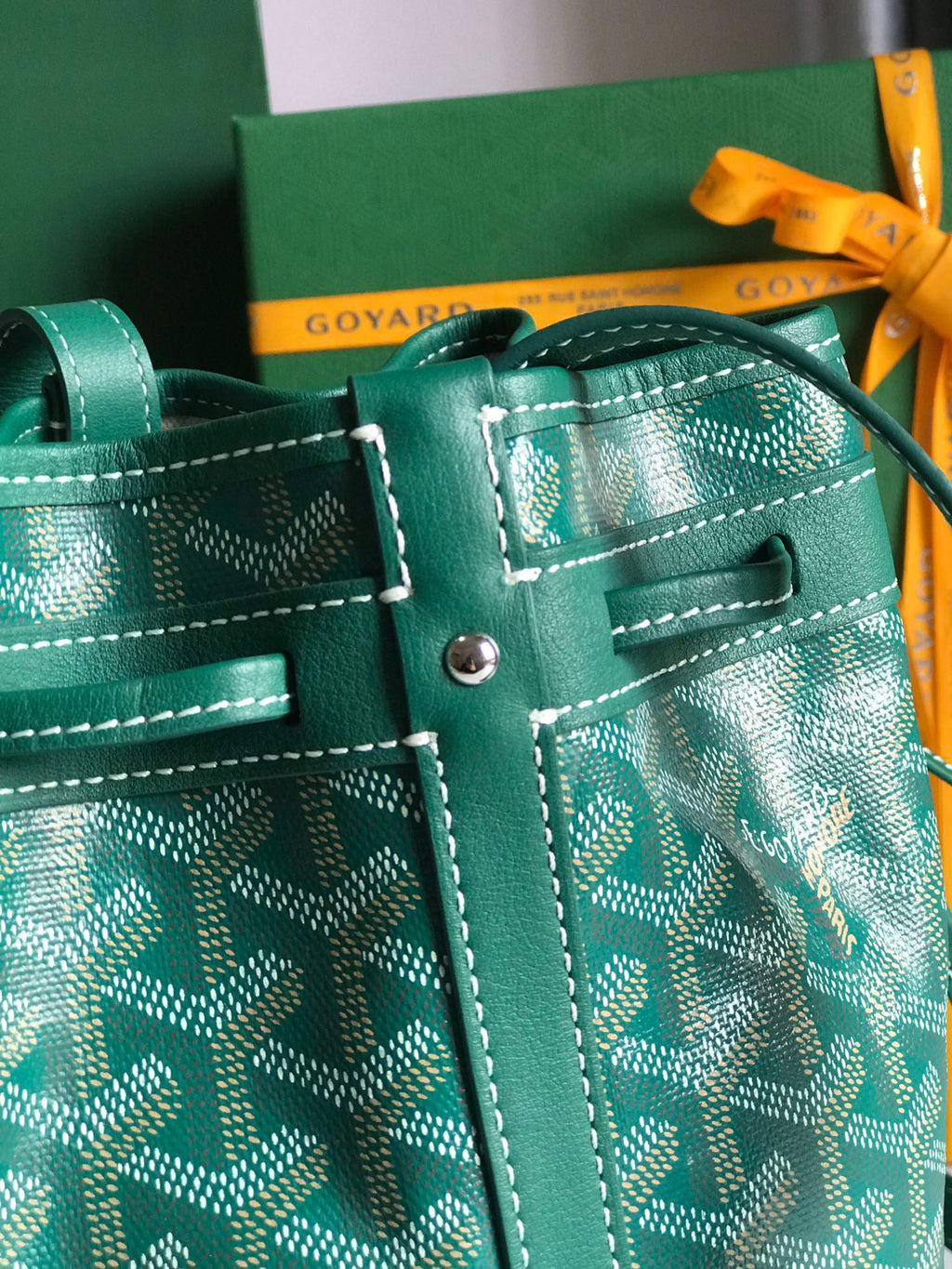 GOYARD PETIT FLOT BUCKET BAG 22 IN GREEN GOYARDINE CANVAS AND LAMBSKIN TRIM