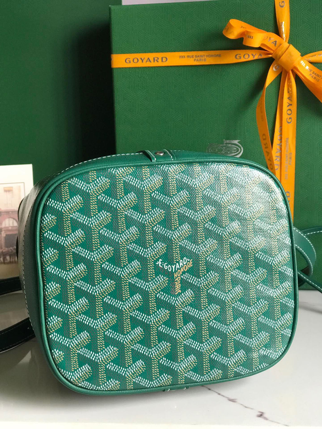 GOYARD PETIT FLOT BUCKET BAG 22 IN GREEN GOYARDINE CANVAS AND LAMBSKIN TRIM