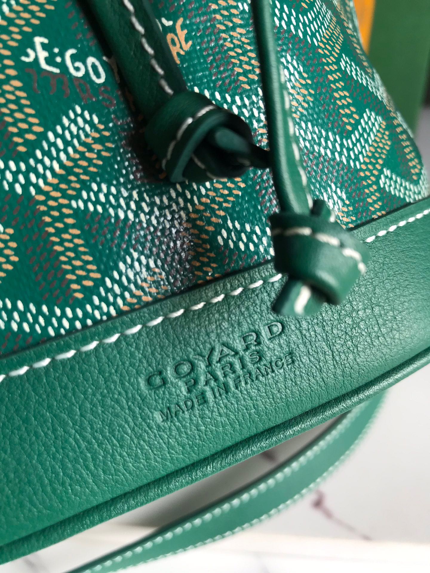 GOYARD PETIT FLOT BUCKET BAG 22 IN GREEN GOYARDINE CANVAS AND LAMBSKIN TRIM