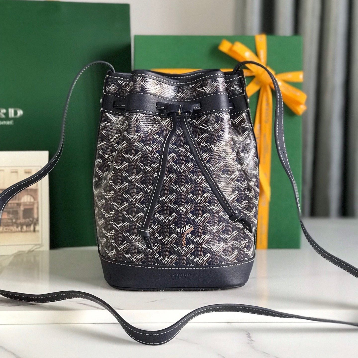 GOYARD PETIT FLOT BUCKET BAG 22 IN NAVY BLUE GOYARDINE CANVAS AND LAMBSKIN TRIM
