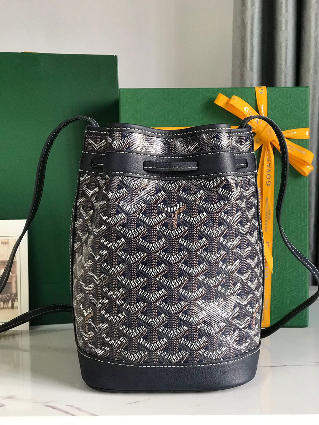 GOYARD PETIT FLOT BUCKET BAG 22 IN NAVY BLUE GOYARDINE CANVAS AND LAMBSKIN TRIM