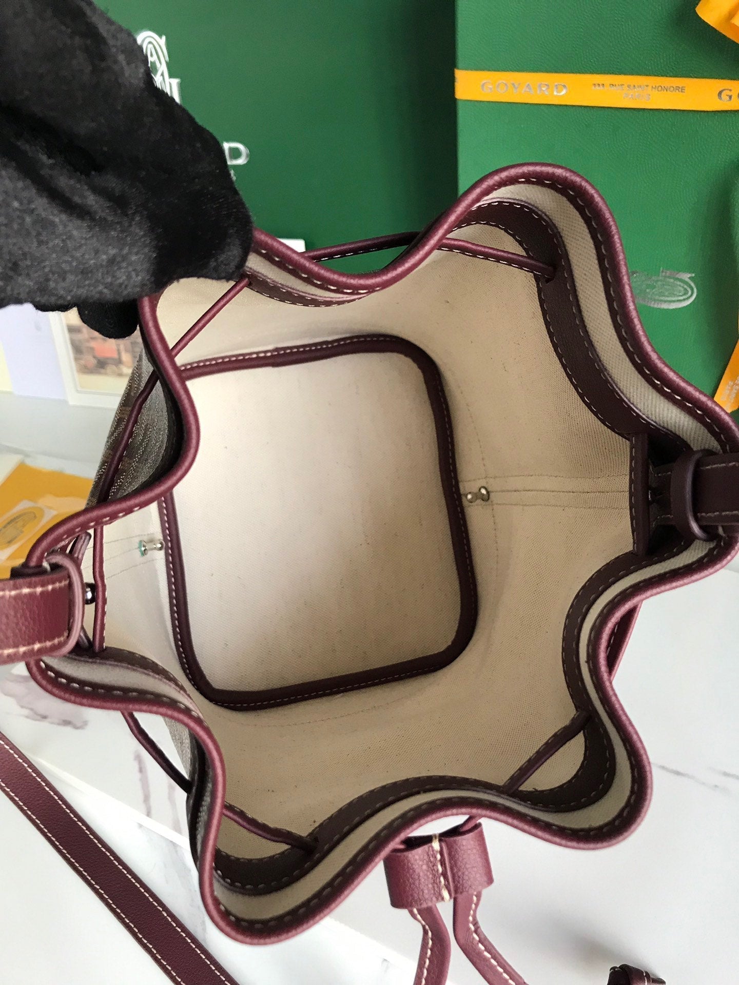 GOYARD PETIT FLOT BUCKET BAG 22 IN WINE RED GOYARDINE CANVAS AND LAMBSKIN TRIM