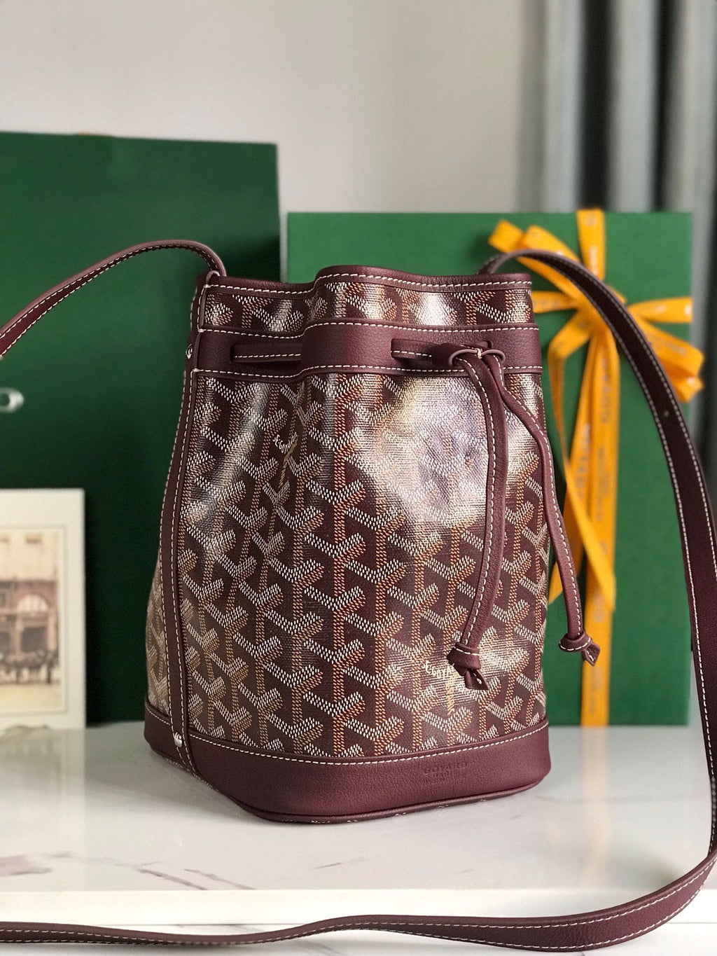 GOYARD PETIT FLOT BUCKET BAG 22 IN WINE RED GOYARDINE CANVAS AND LAMBSKIN TRIM