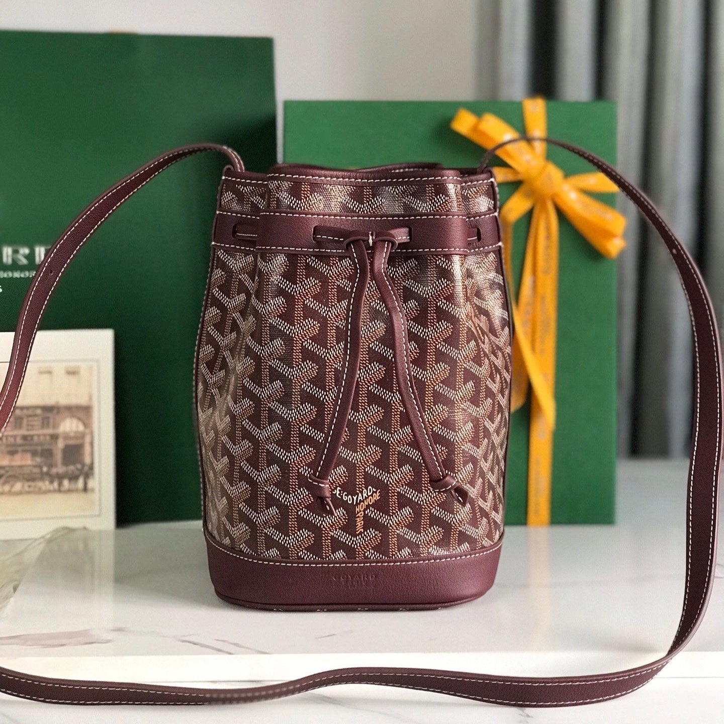 GOYARD PETIT FLOT BUCKET BAG 22 IN WINE RED GOYARDINE CANVAS AND LAMBSKIN TRIM