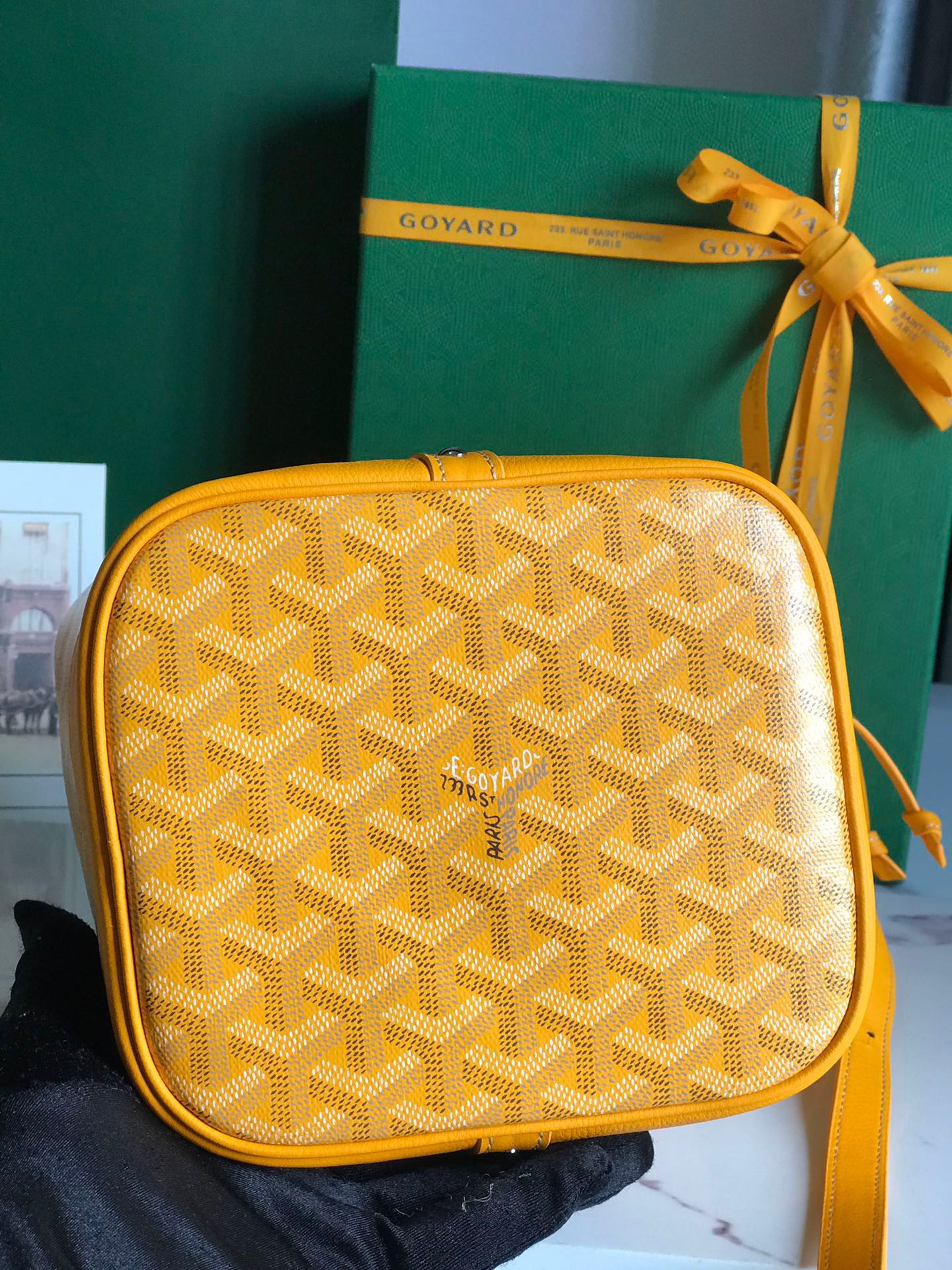 GOYARD PETIT FLOT BUCKET BAG 22 IN YELLOW GOYARDINE CANVAS AND LAMBSKIN TRIM