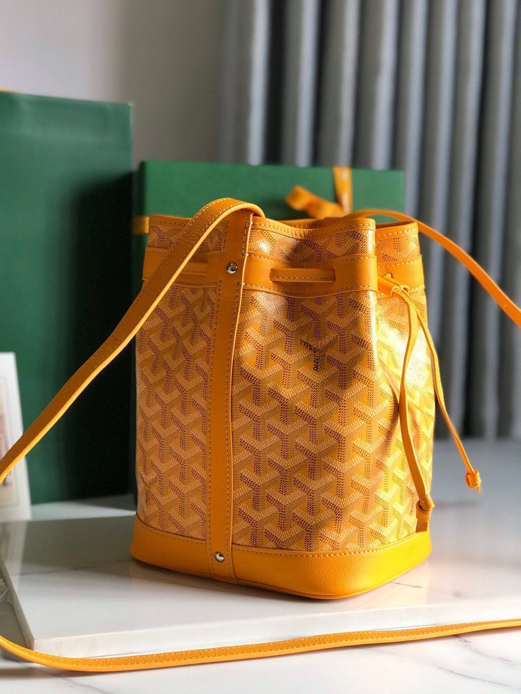 GOYARD PETIT FLOT BUCKET BAG 22 IN YELLOW GOYARDINE CANVAS AND LAMBSKIN TRIM