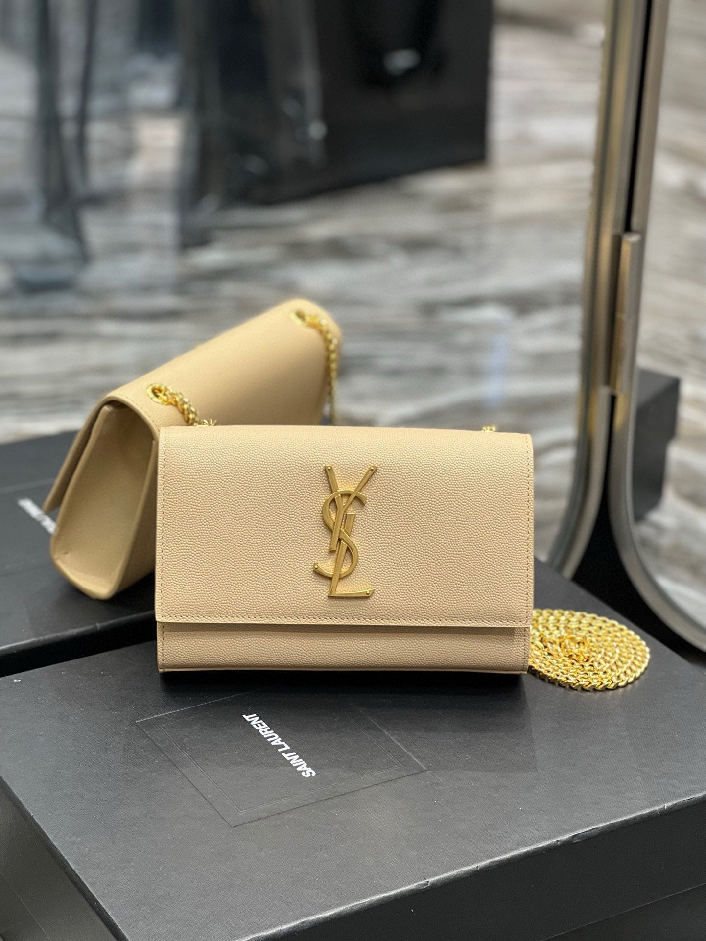 SAINT LAURENT KATE SMALL TASSEL BAG IN SATIN BEIGE