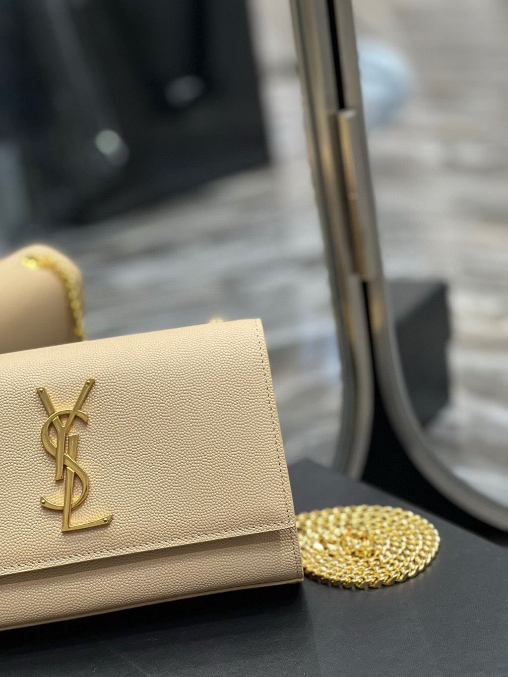 SAINT LAURENT KATE SMALL TASSEL BAG IN SATIN BEIGE