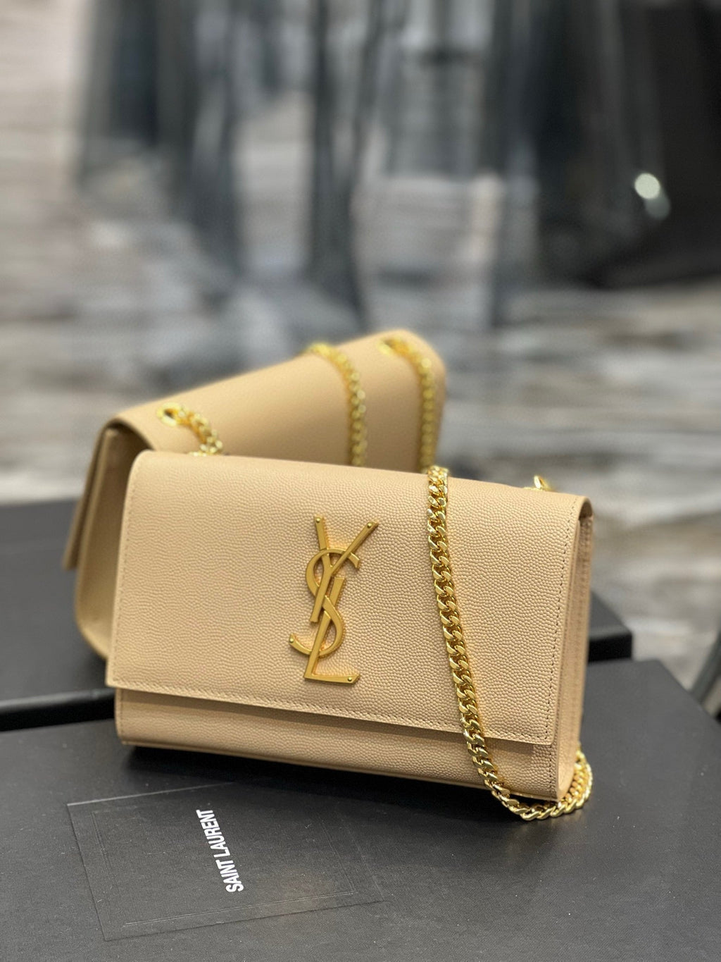 SAINT LAURENT KATE SMALL TASSEL BAG IN SATIN BEIGE