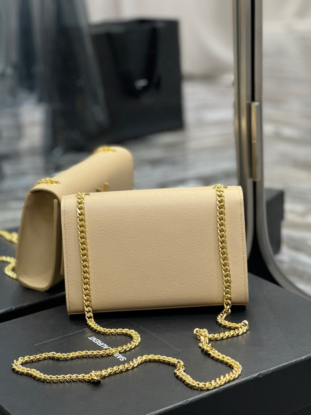 SAINT LAURENT KATE SMALL TASSEL BAG IN SATIN BEIGE