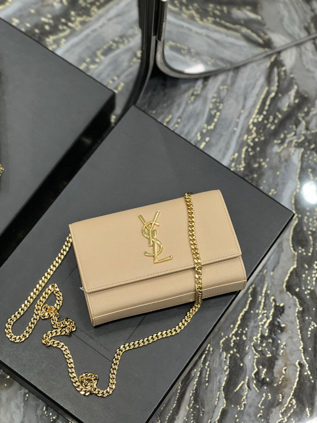 SAINT LAURENT KATE SMALL TASSEL BAG IN SATIN BEIGE