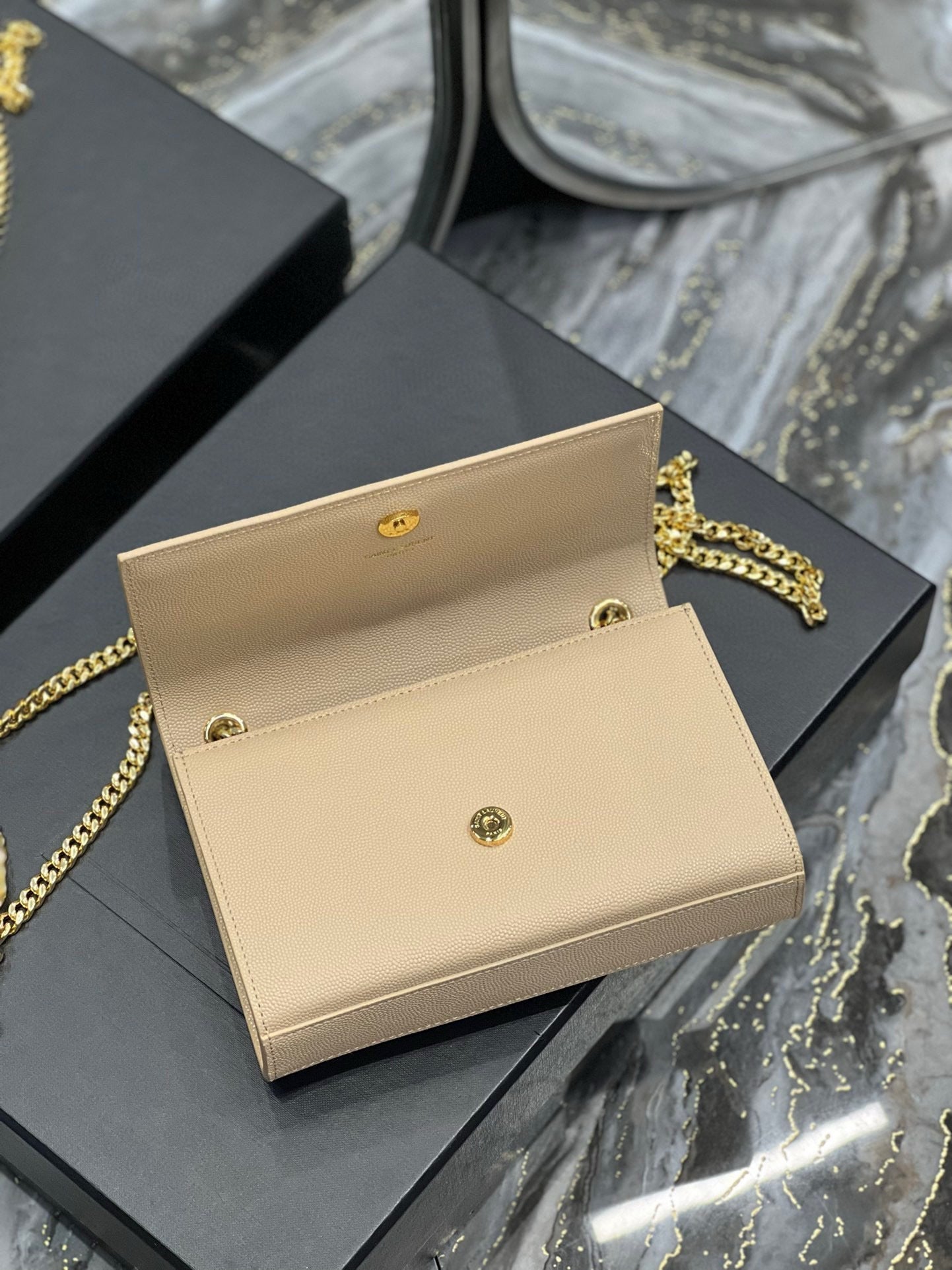 SAINT LAURENT KATE SMALL TASSEL BAG IN SATIN BEIGE