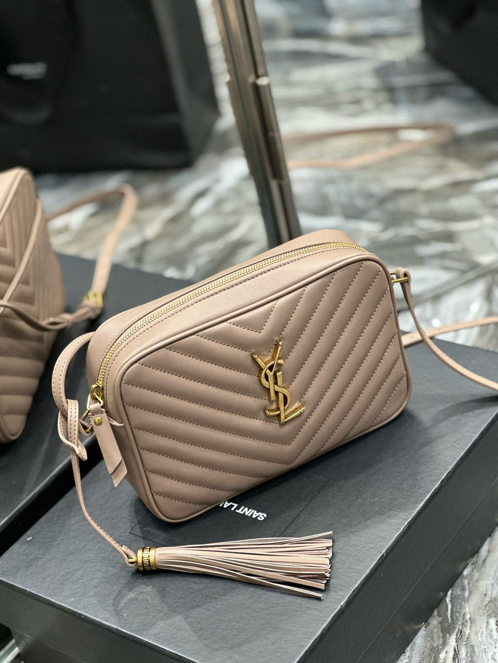 SAINT LAURENT LOU 23 CAMERA BAG BEIGE IN QUILTED LEATHER GOLD HARDWARE
