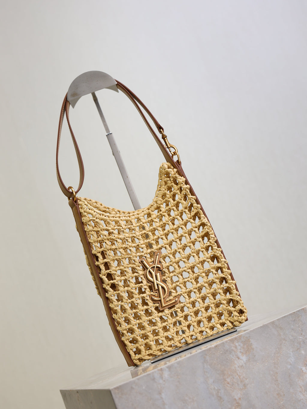 SAINT LAURENT OXALIS 25  IN RAFFIA CROCHET AND LEATHER VINTAGE BROWN