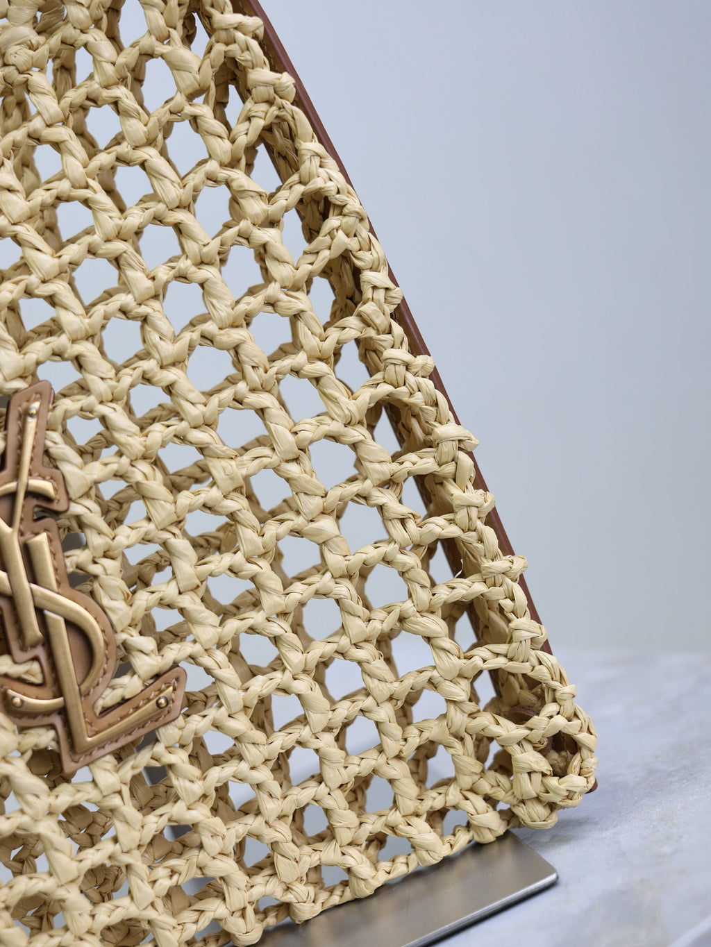 SAINT LAURENT OXALIS 25  IN RAFFIA CROCHET AND LEATHER VINTAGE BROWN