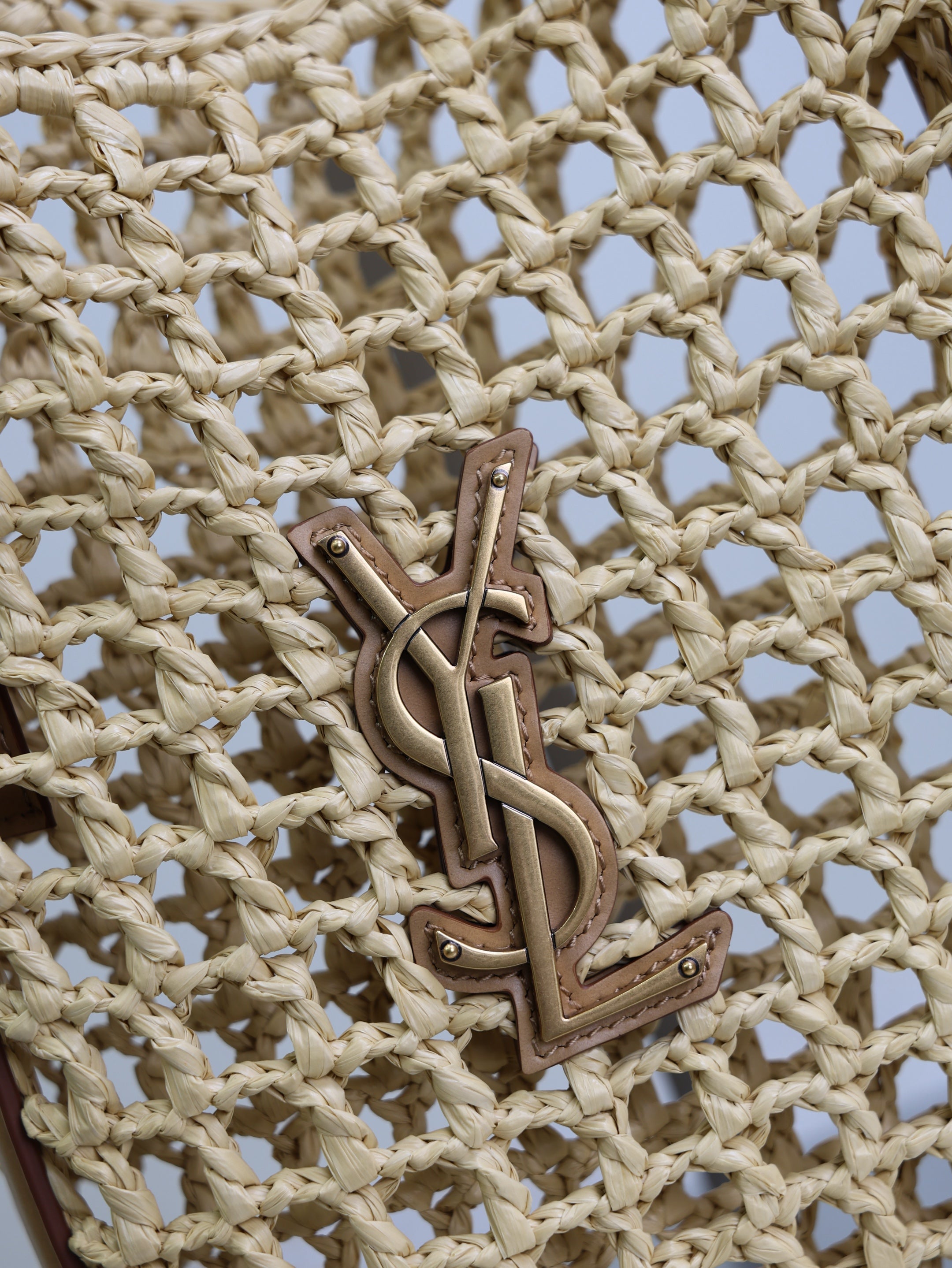 SAINT LAURENT OXALIS 25  IN RAFFIA CROCHET AND LEATHER VINTAGE BROWN