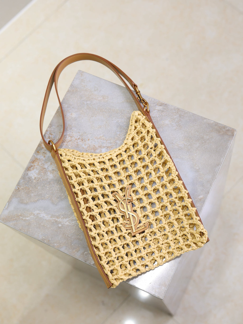 SAINT LAURENT OXALIS 25  IN RAFFIA CROCHET AND LEATHER VINTAGE BROWN