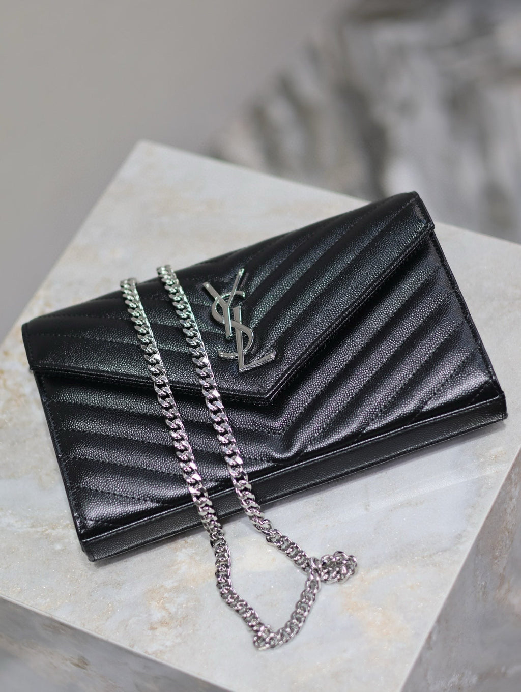 SAINT LAURENT WOC 23 IN BLACK CAVIAR LAMBSKIN SILVER HARDWARE