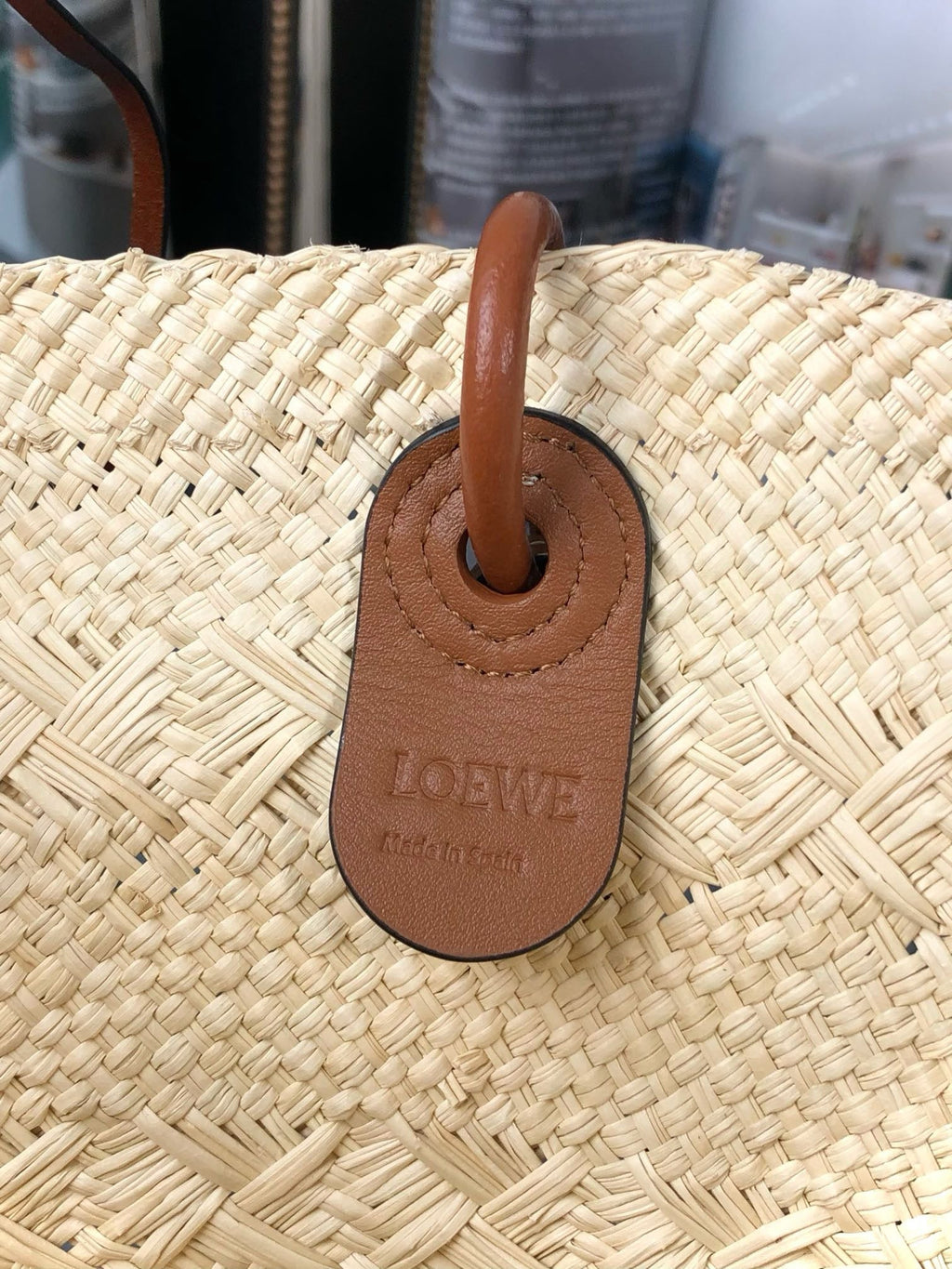 LOEWE MEDIUM ANAGRAM BASKET BAG 46 IN BEIGE IRACA PALM AND TAN CALFSKIN