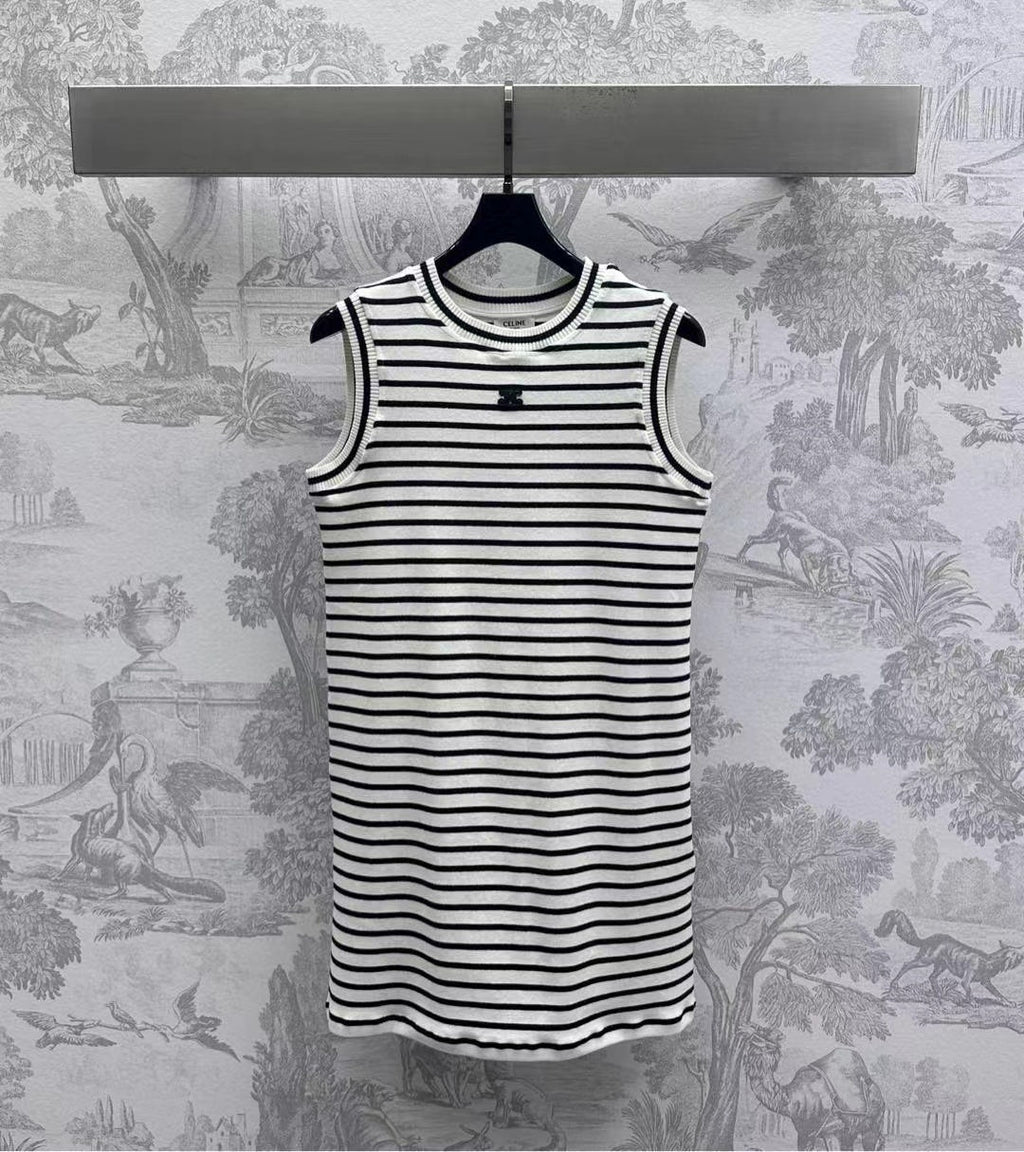 CELINE Triomphe Striped Mini Dress Black White Crocheted Cotton