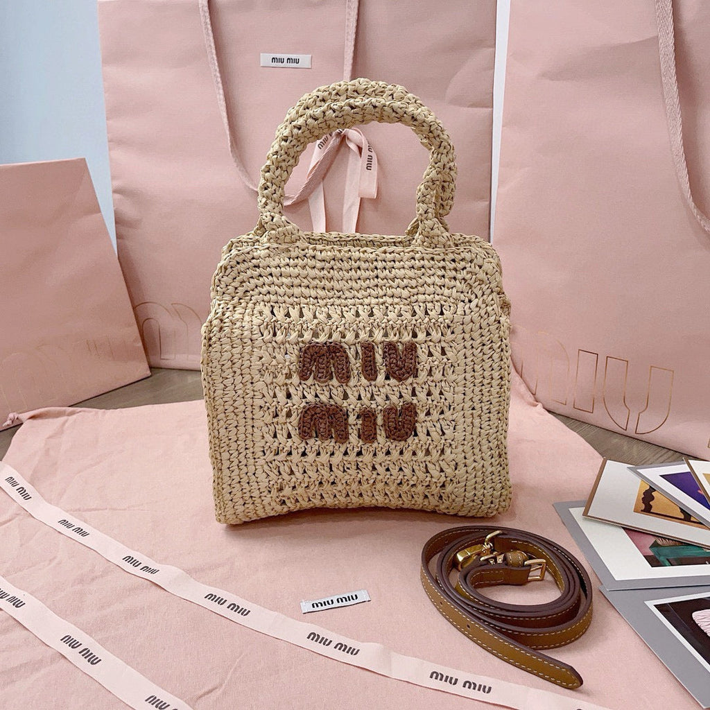 MIU MIU CROCHET TOTE BAG 23 IN NATURAL WOVEN RAFFIA