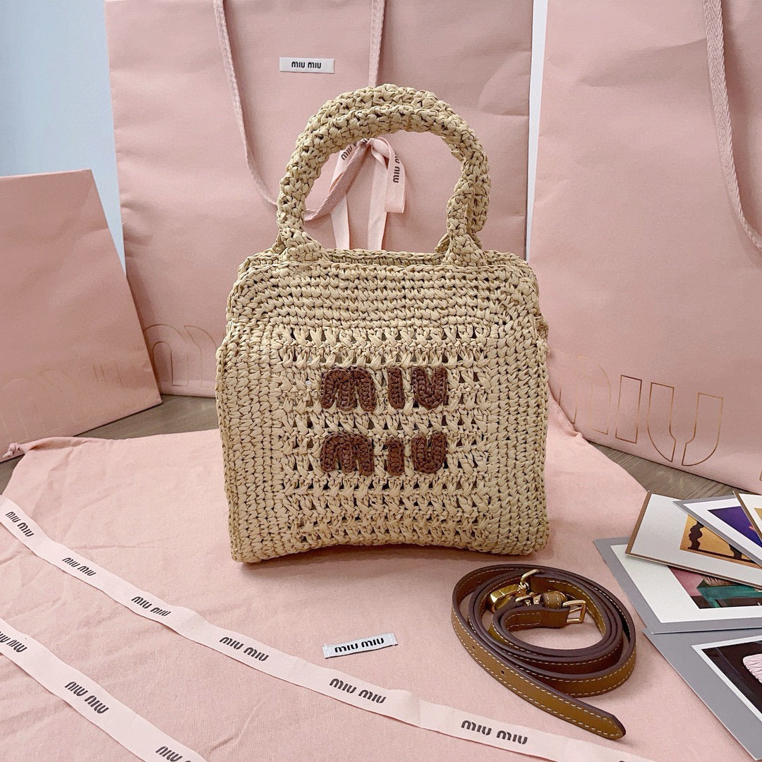 MIU MIU CROCHET TOTE BAG 23 IN NATURAL WOVEN RAFFIA