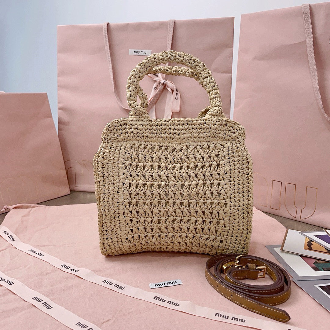 MIU MIU CROCHET TOTE BAG 23 IN NATURAL WOVEN RAFFIA