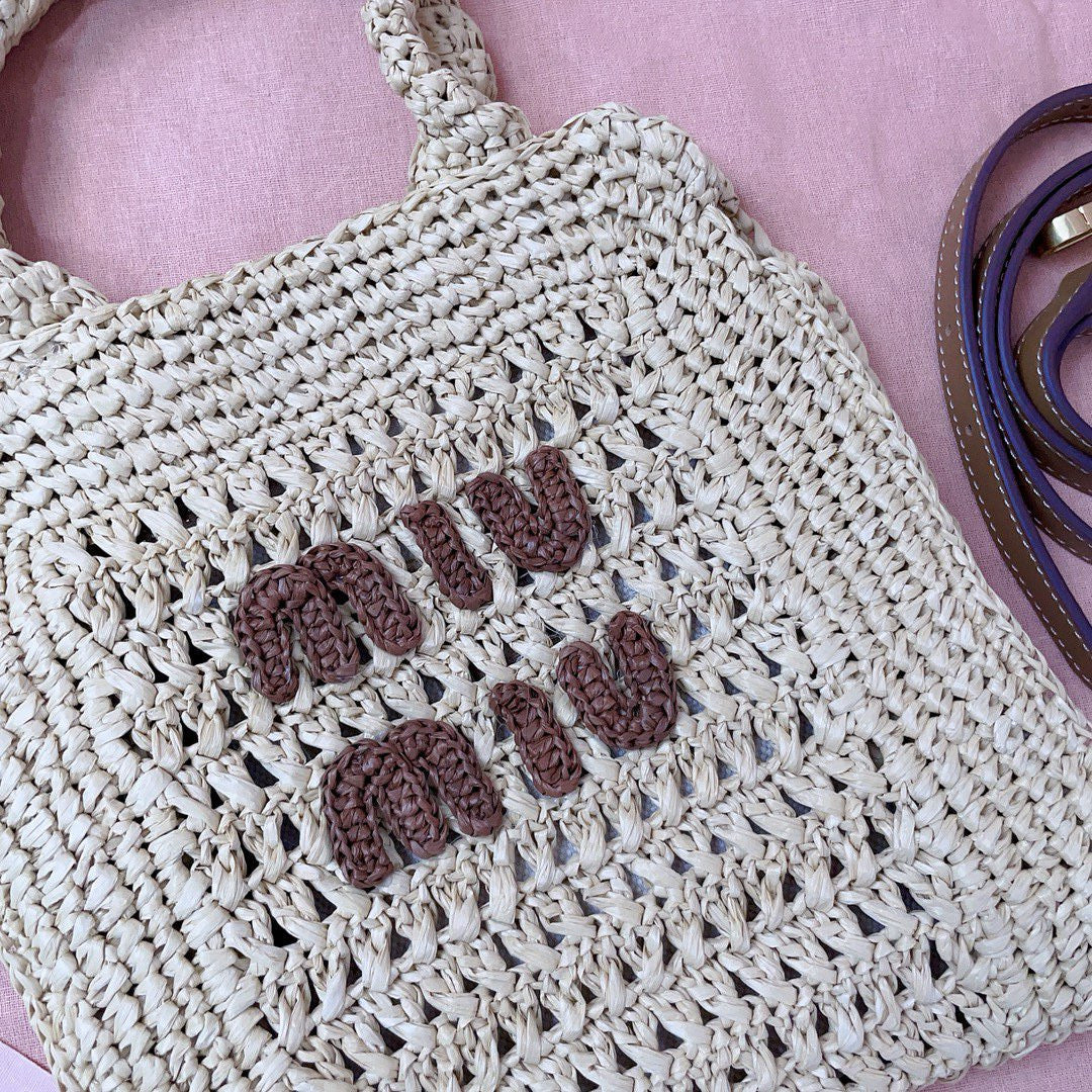 MIU MIU CROCHET TOTE BAG 23 IN NATURAL WOVEN RAFFIA