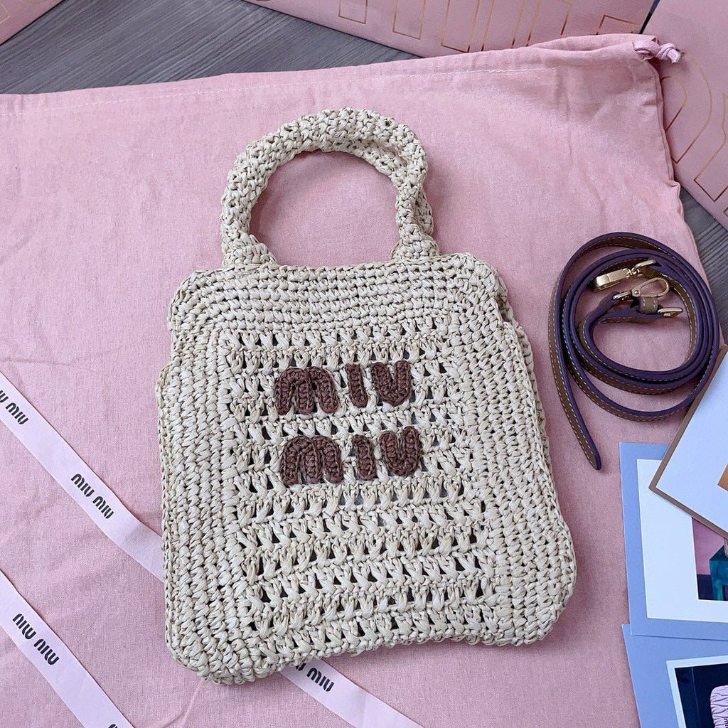 MIU MIU CROCHET TOTE BAG 23 IN NATURAL WOVEN RAFFIA