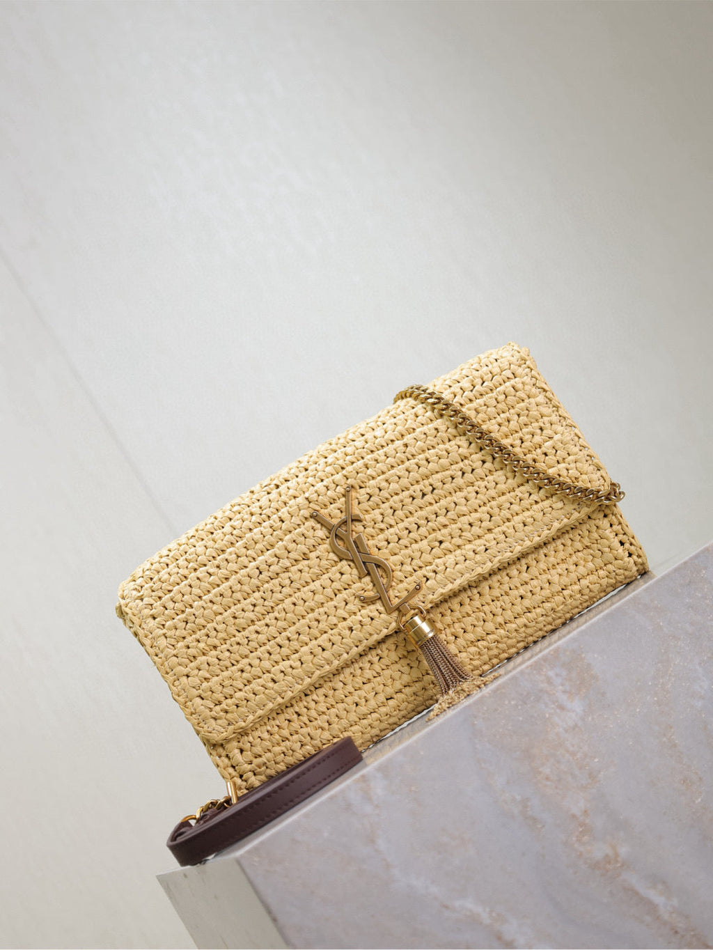SAINT LAURENT YSL KATE BAG CROSSBODY 26 IN BEIGE WOVEN RAFFIA GOLD HARDWARE