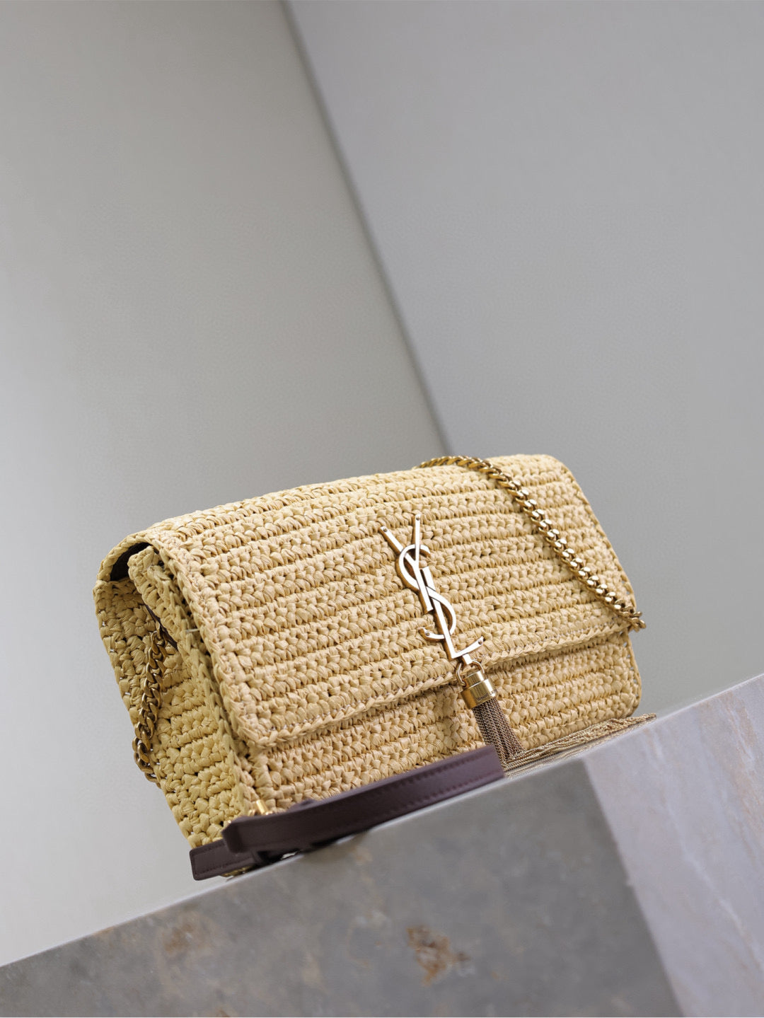 SAINT LAURENT YSL KATE BAG CROSSBODY 26 IN BEIGE WOVEN RAFFIA GOLD HARDWARE