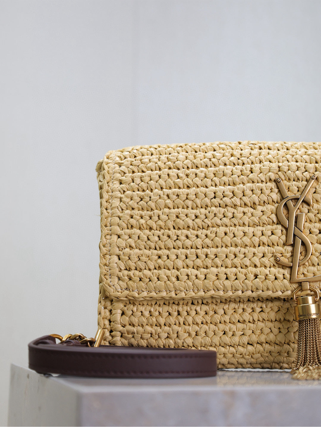 SAINT LAURENT YSL KATE BAG CROSSBODY 26 IN BEIGE WOVEN RAFFIA GOLD HARDWARE