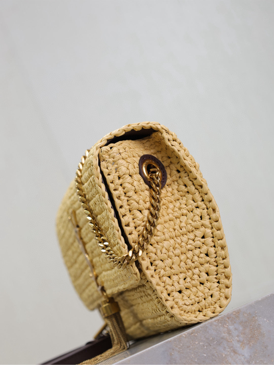 SAINT LAURENT YSL KATE BAG CROSSBODY 26 IN BEIGE WOVEN RAFFIA GOLD HARDWARE