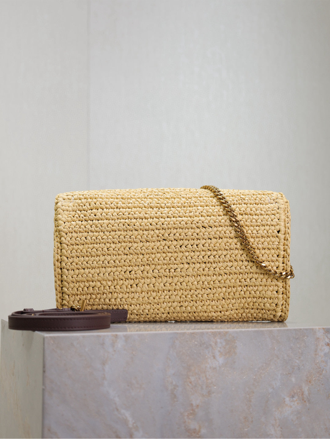 SAINT LAURENT YSL KATE BAG CROSSBODY 26 IN BEIGE WOVEN RAFFIA GOLD HARDWARE