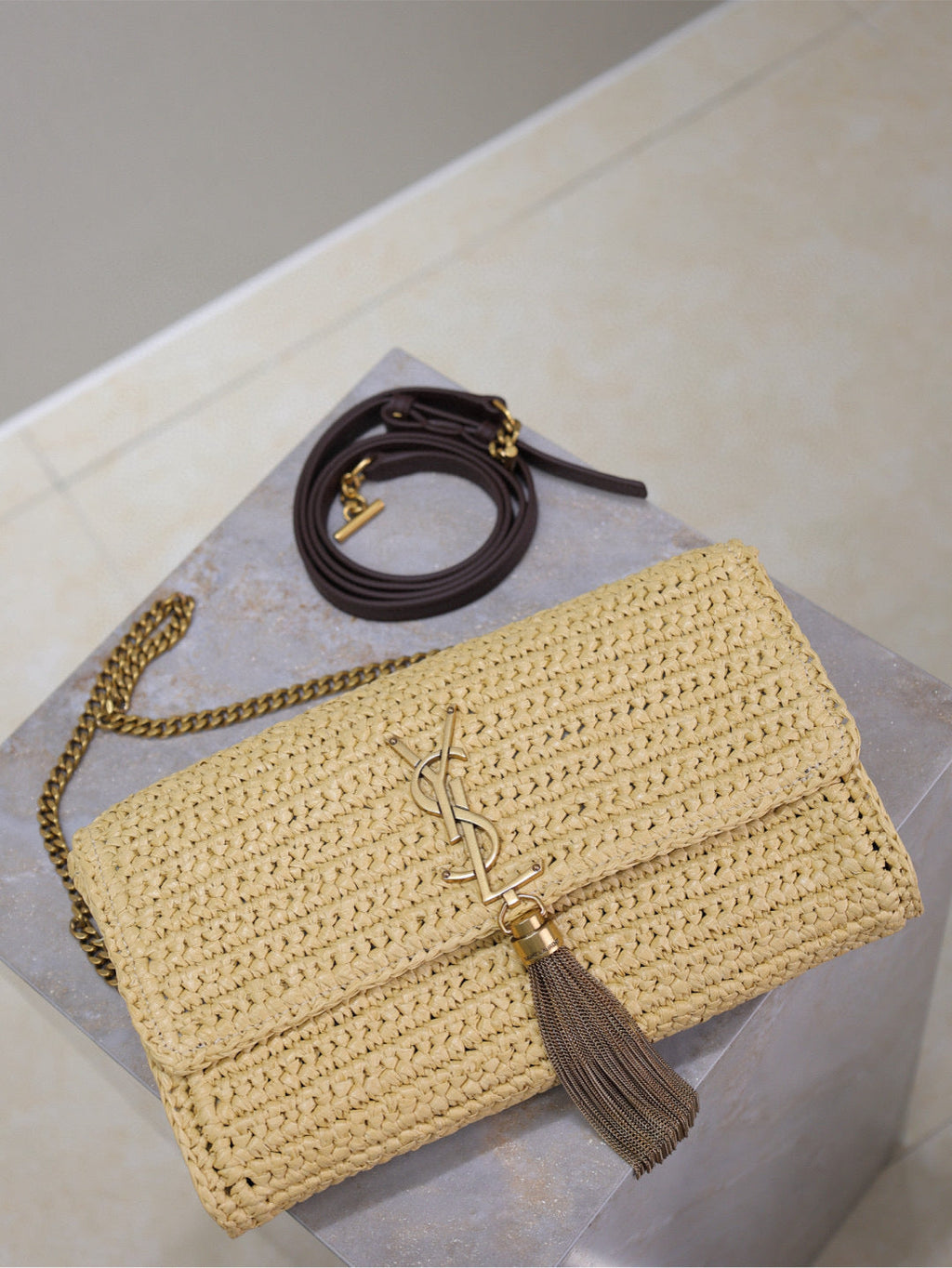 SAINT LAURENT YSL KATE BAG CROSSBODY 26 IN BEIGE WOVEN RAFFIA GOLD HARDWARE