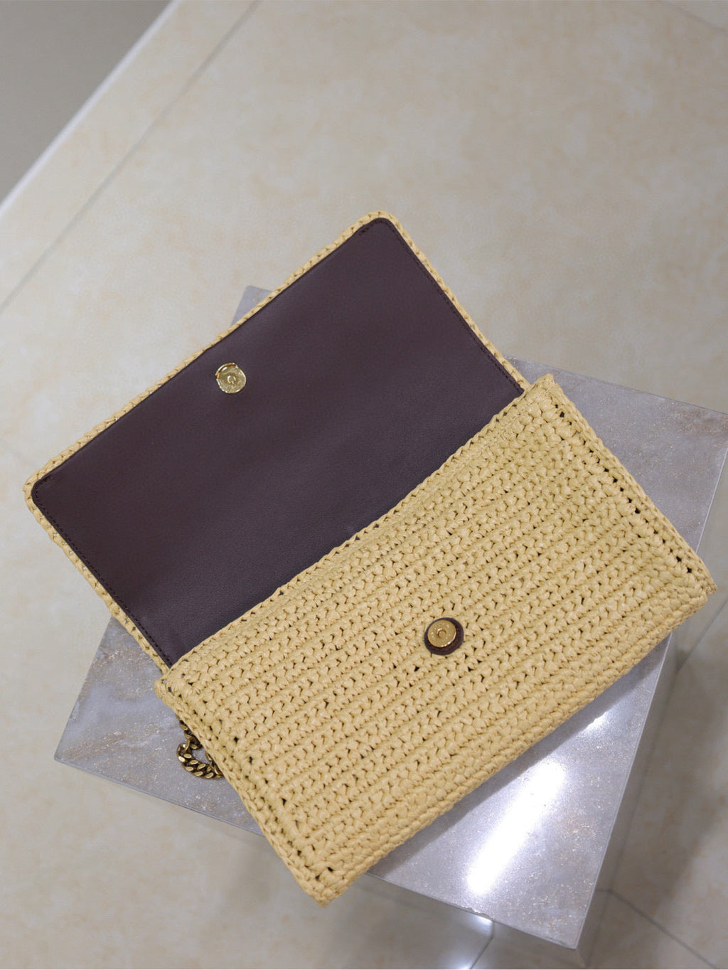 SAINT LAURENT YSL KATE BAG CROSSBODY 26 IN BEIGE WOVEN RAFFIA GOLD HARDWARE