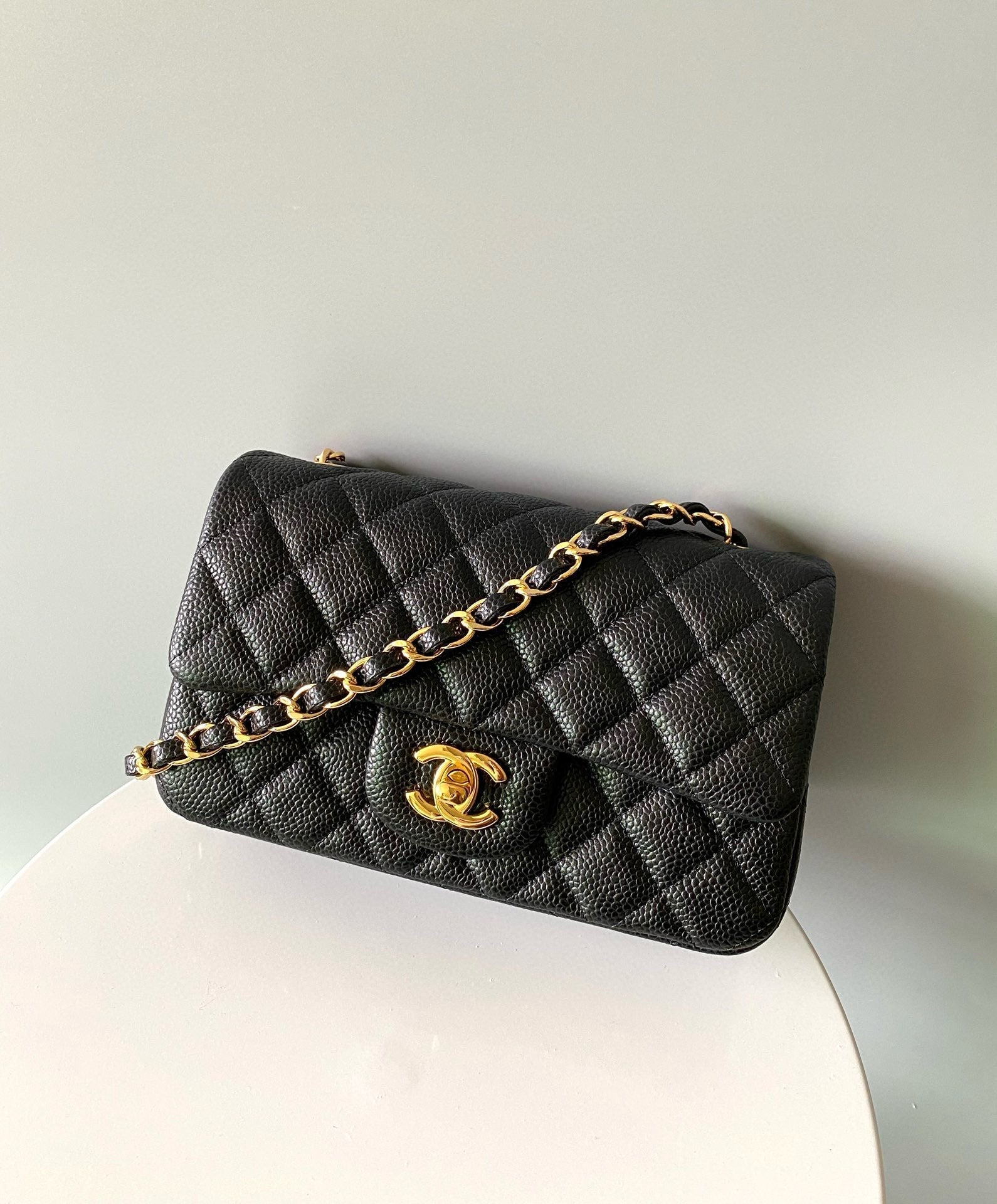 CHANEL MINI RECTANGLE FLAP BAG 20CM BLACK CAVIAR GOLD HARDWARE