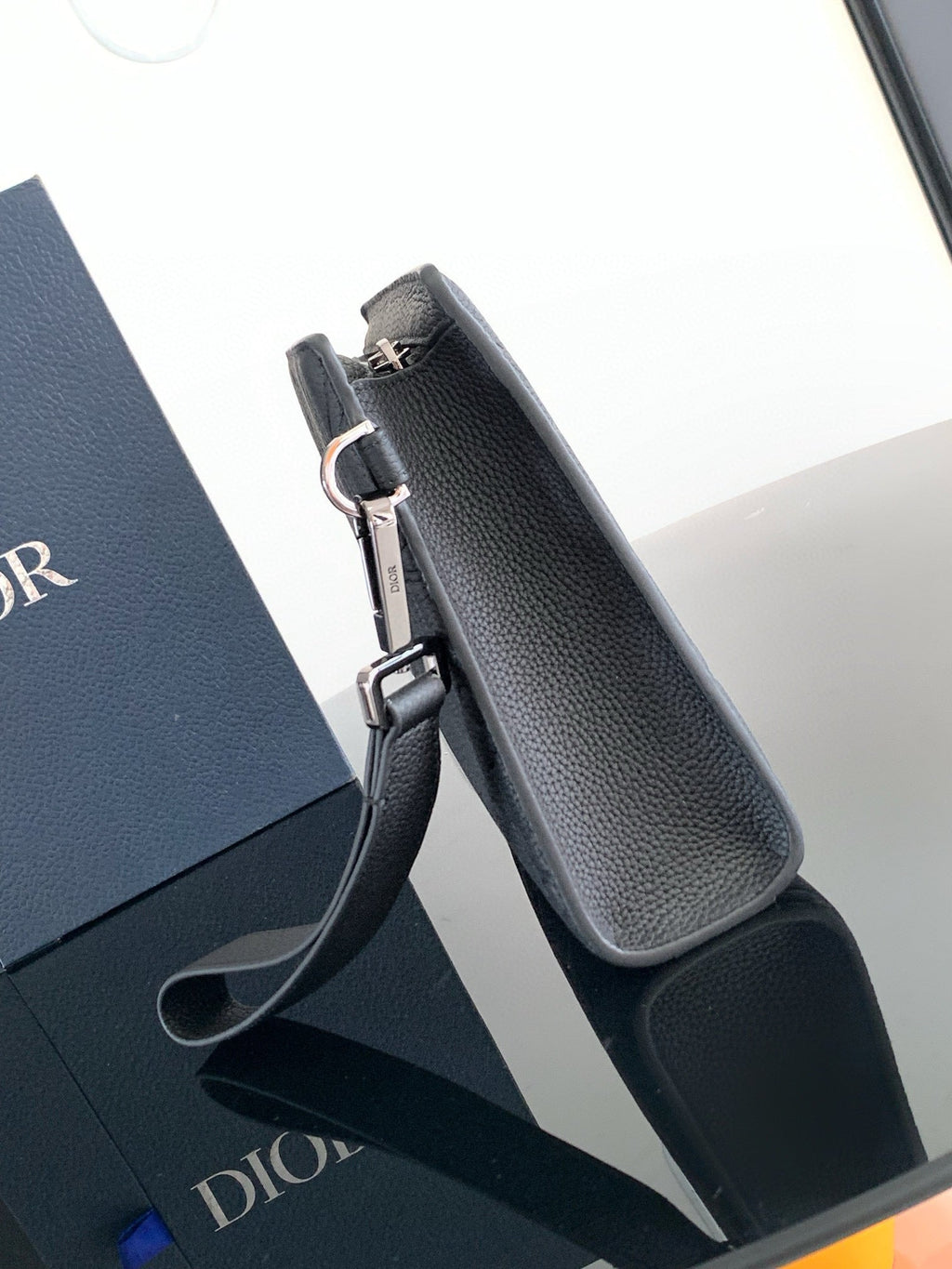 DIOR CLUTCH 27 BAG IN BLACK CALFSKIN EMBOSSED LOGO