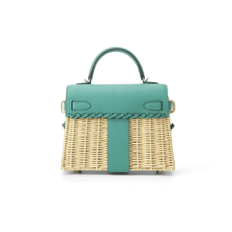 HERMES KELLY 20CM JAUNE DE NAPLES SWIFT IN TURQUOISE LEATHER AND WICKER SILVER HARDWARE
