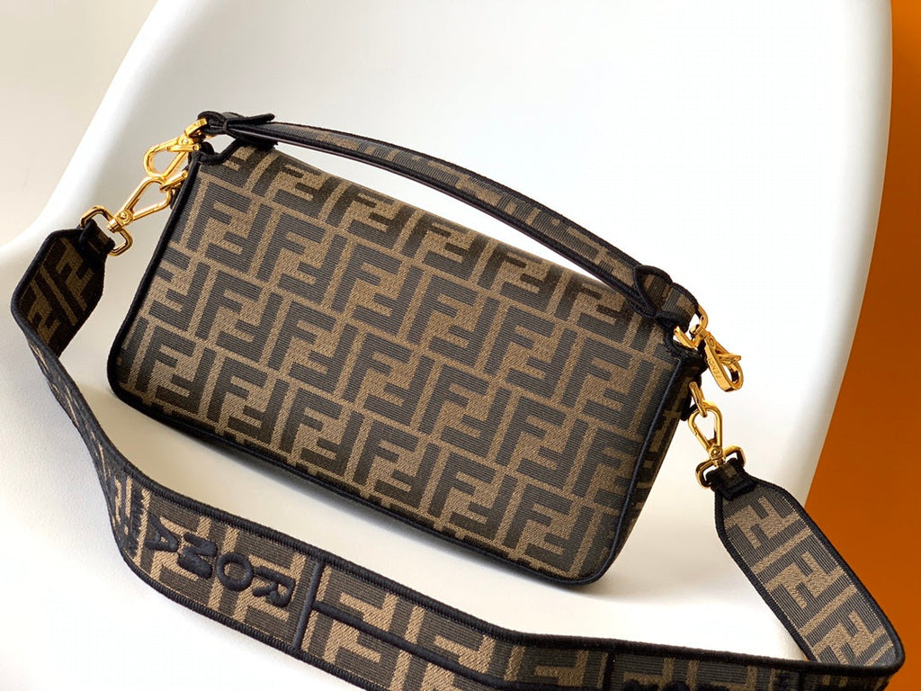 FENDI Fend Baguette 27 Brown FF Jacquard Fabric Bag Ghw