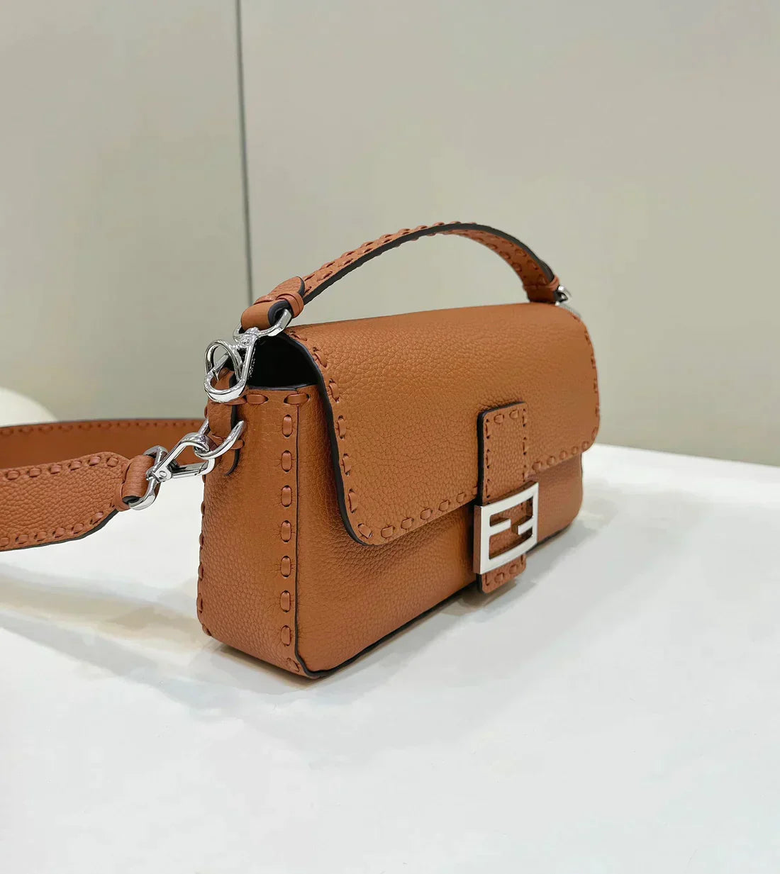 FENDI BAGUETTE 27CM TAN CALFSKIN SILVER HARDWARE