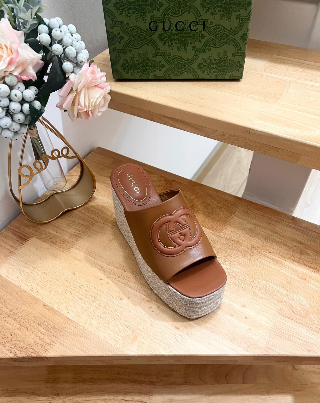 GUCCI HIGH 10CM WEDGE SANDALS IN RUSSET BROWN SHEEPSKIN