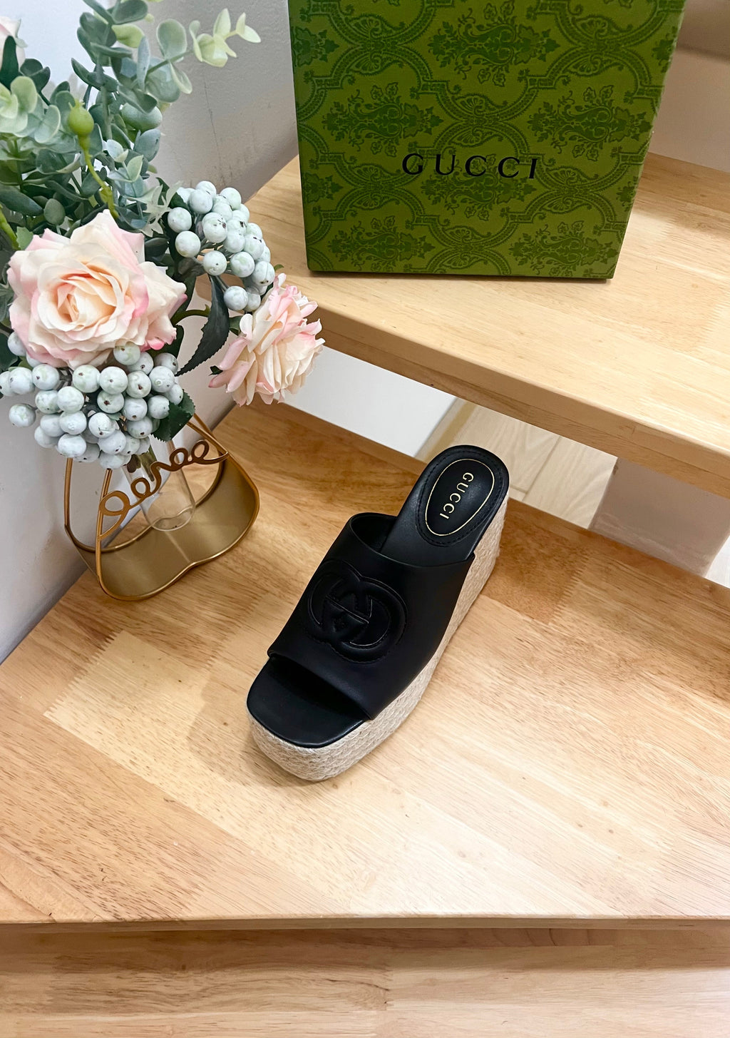 GUCCI HIGH 10CM WEDGE SANDALS IN BLACK SHEEPSKIN