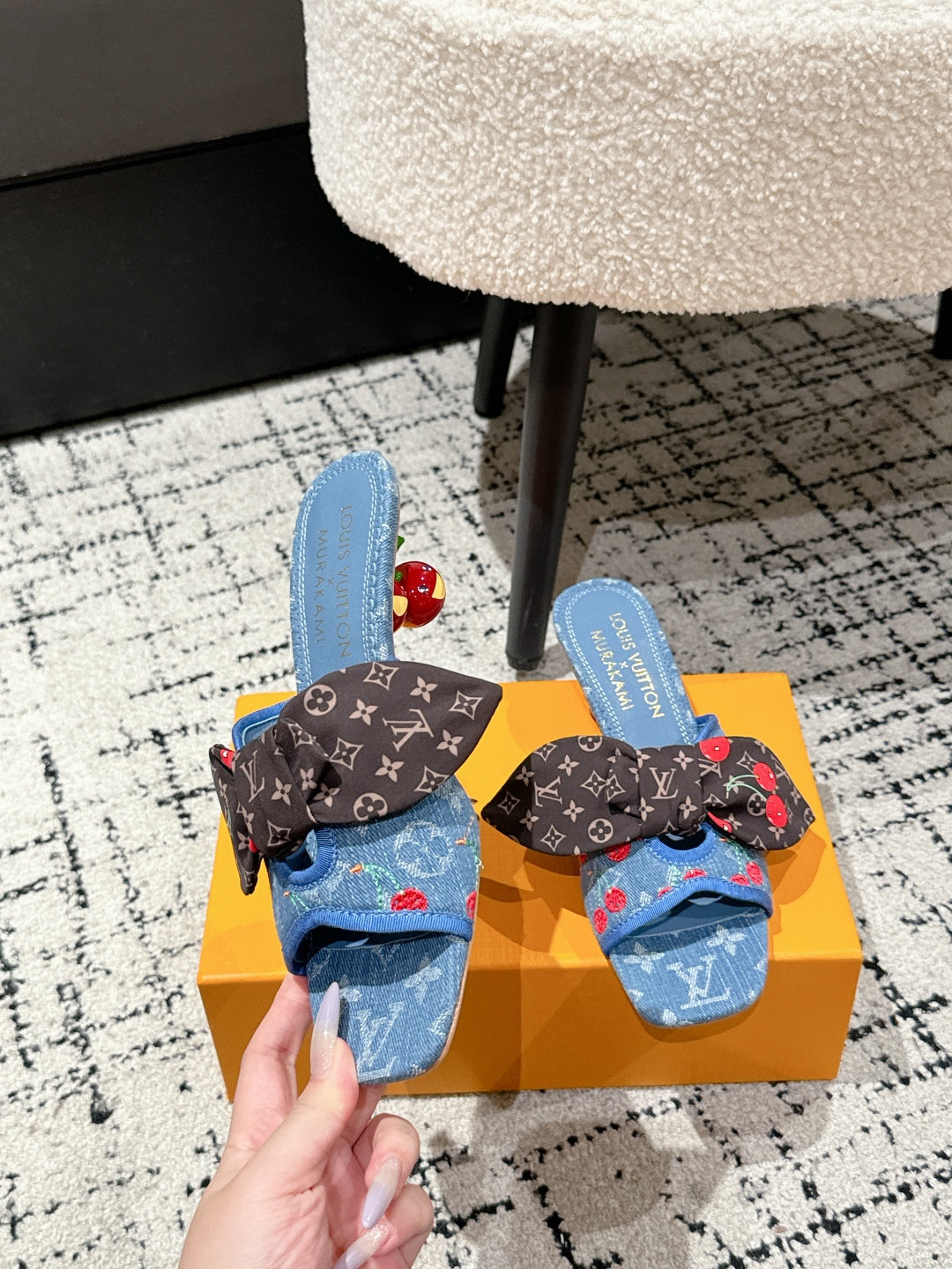 LOUIS VUITTON LV CHERRY HIGH HEELS 25S IN BLUE DENIM WITH BOW STYLE 3