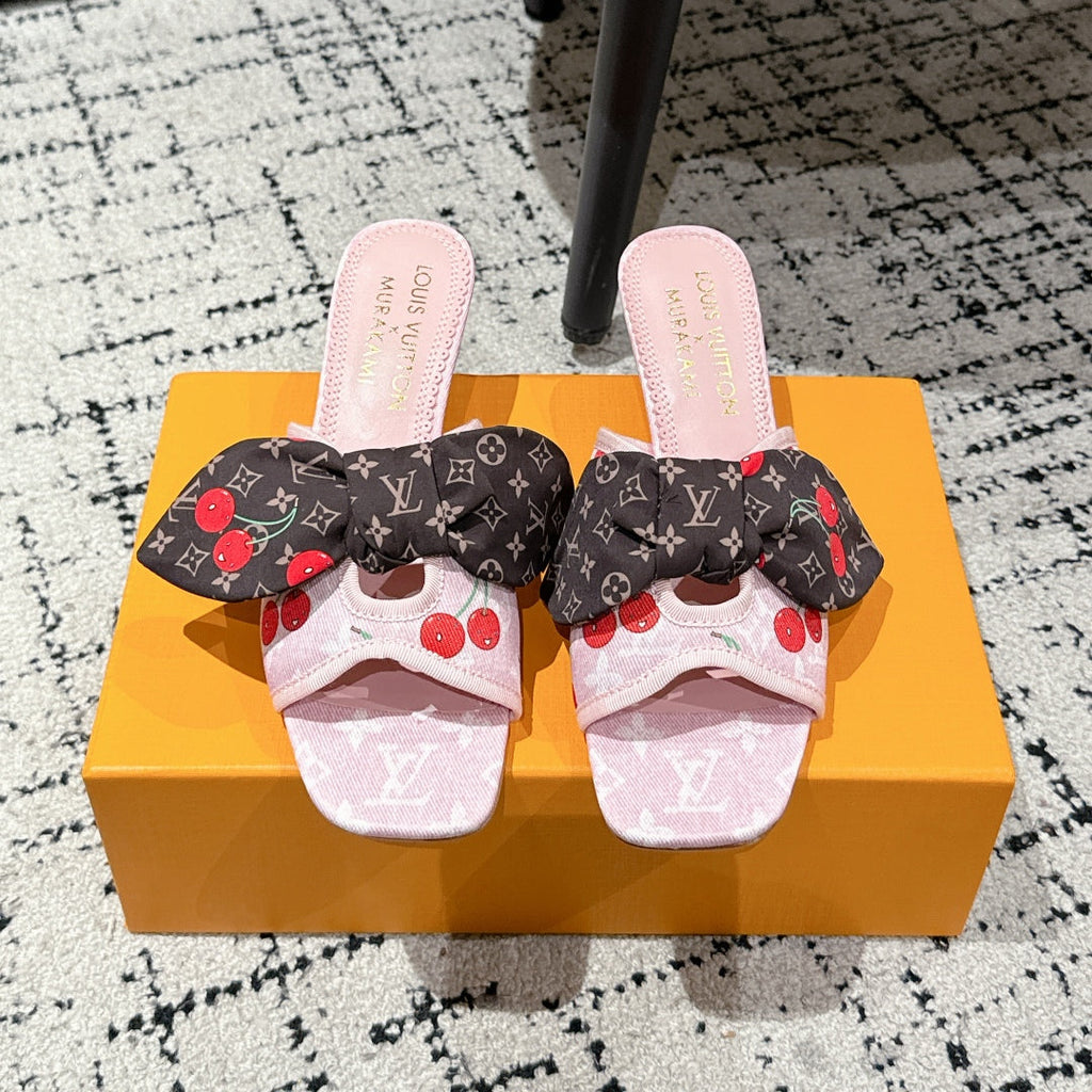 LOUIS VUITTON LV CHERRY HIGH HEELS 25S IN LIGHT PINK DENIM WITH BOW STYLE 4