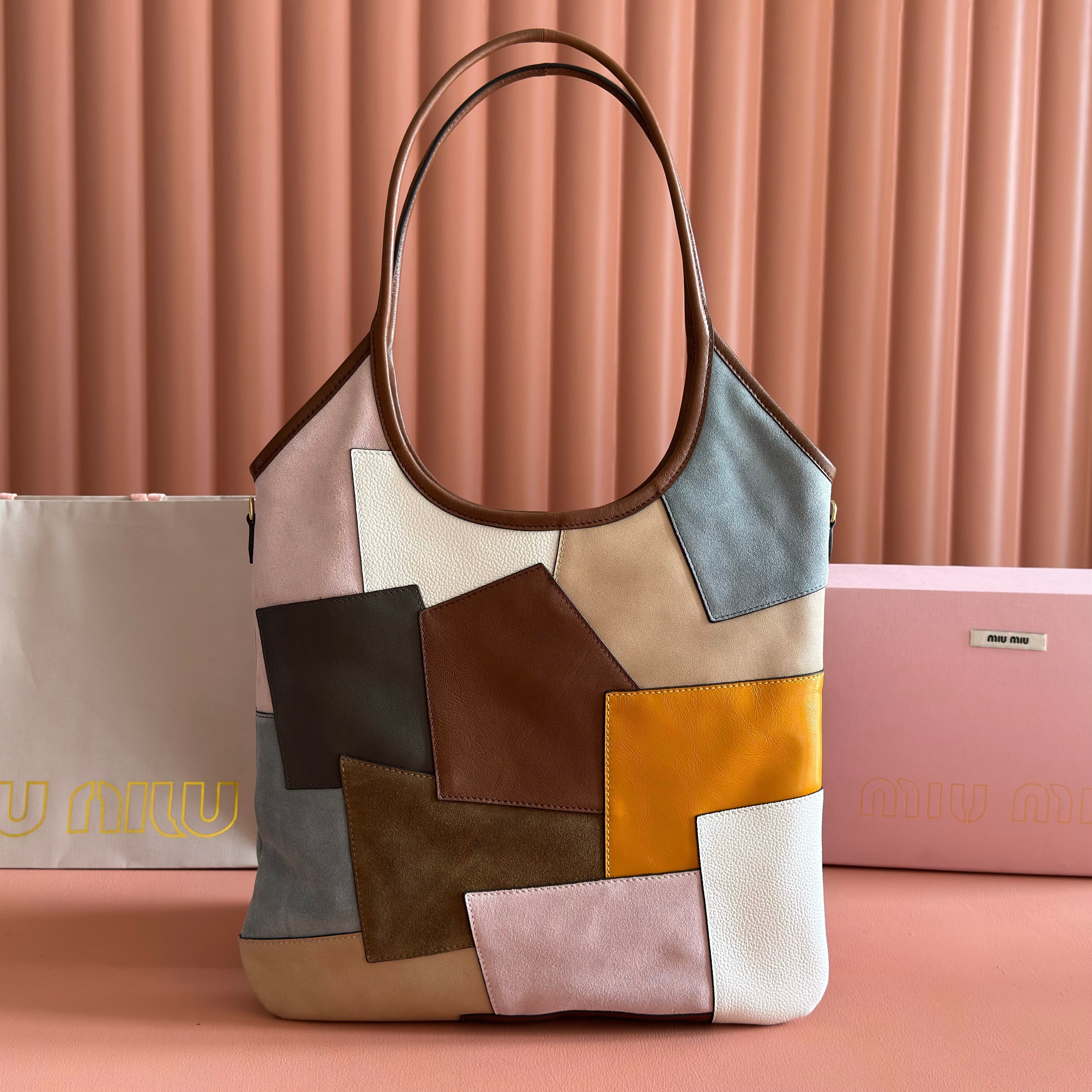 MIU MIU MIUMIU 26S IVY TOTE BAG 60 IN  COGNAC CALFSKIN PATCHWORK GOLD HARDWARE