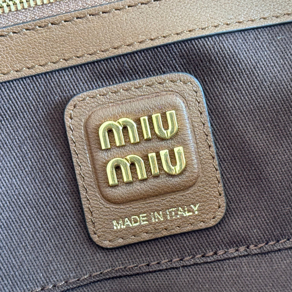 MIU MIU MIUMIU 26S BEAU TOP HANDLE BAG 28 IN COGNAC LEATHER PATCHWORK GOLD HARDWARE