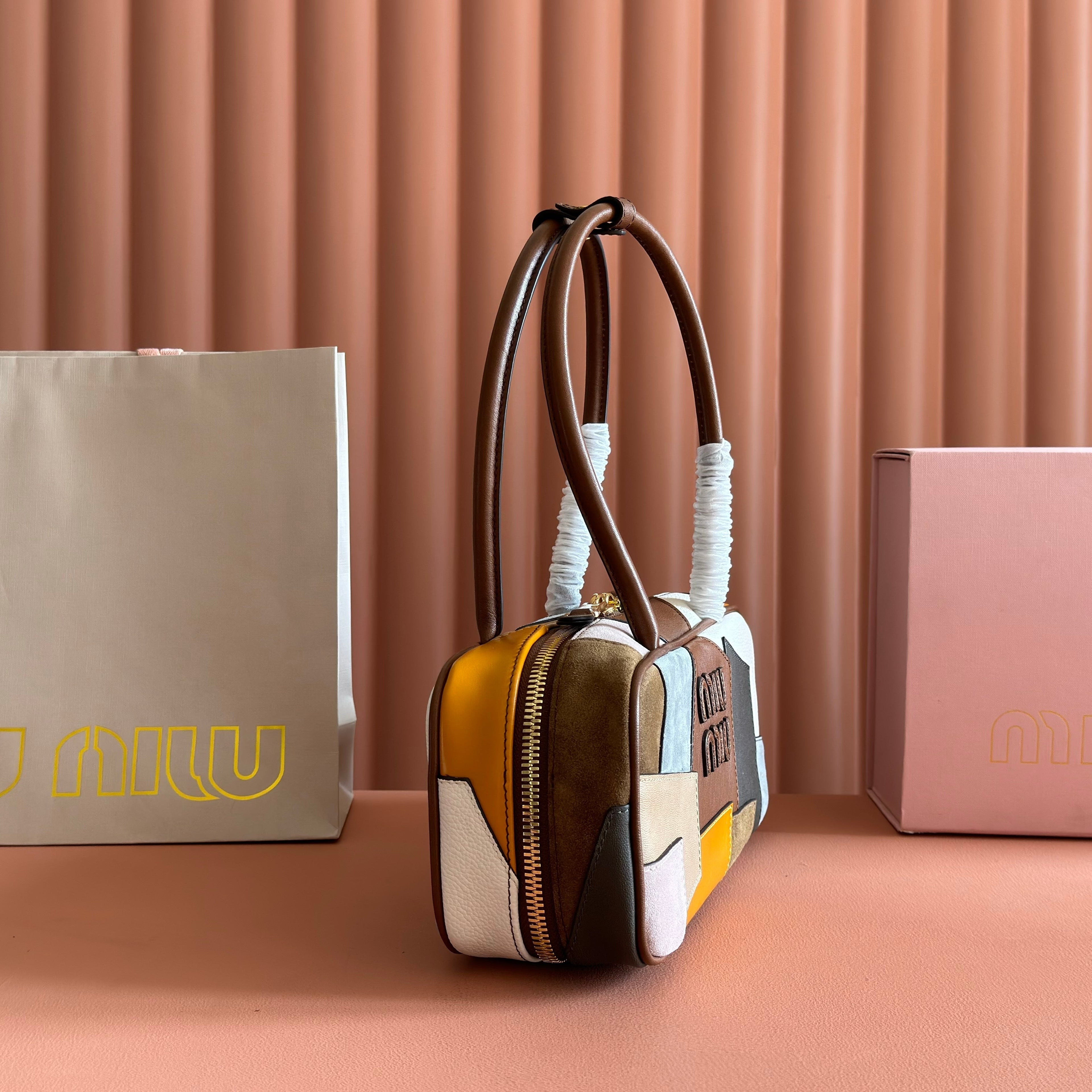 MIU MIU MIUMIU 26S BEAU TOP HANDLE BAG 28 IN COGNAC LEATHER PATCHWORK GOLD HARDWARE