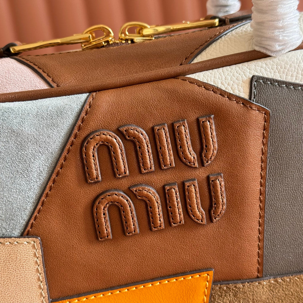 MIU MIU MIUMIU 26S BEAU TOP HANDLE BAG 28 IN COGNAC LEATHER PATCHWORK GOLD HARDWARE