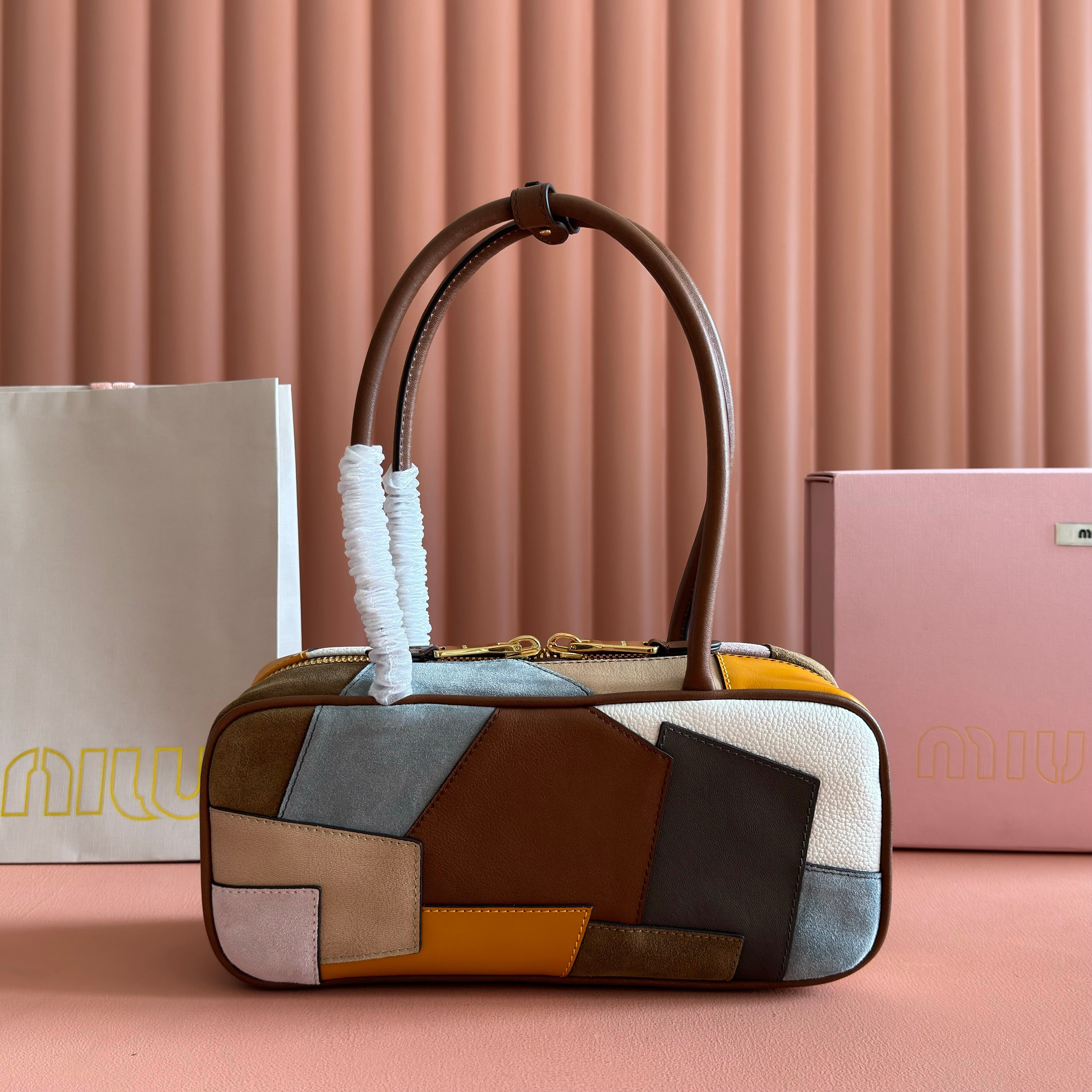 MIU MIU MIUMIU 26S BEAU TOP HANDLE BAG 28 IN COGNAC LEATHER PATCHWORK GOLD HARDWARE